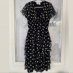 Vintage Pat Richards Black And White Polka Dot Flouncy Dress, Size S